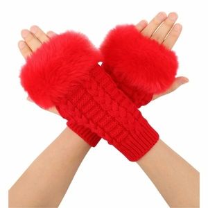Knit with Faux Fur Fingerless Hand Warmers | Red